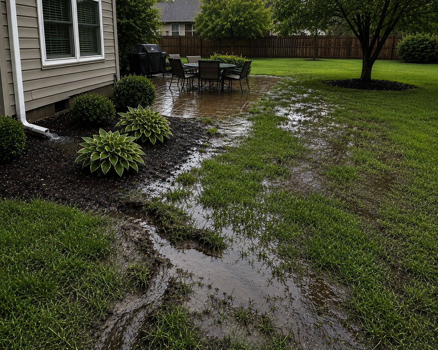 Yard with standing water and drainage problem before treatment