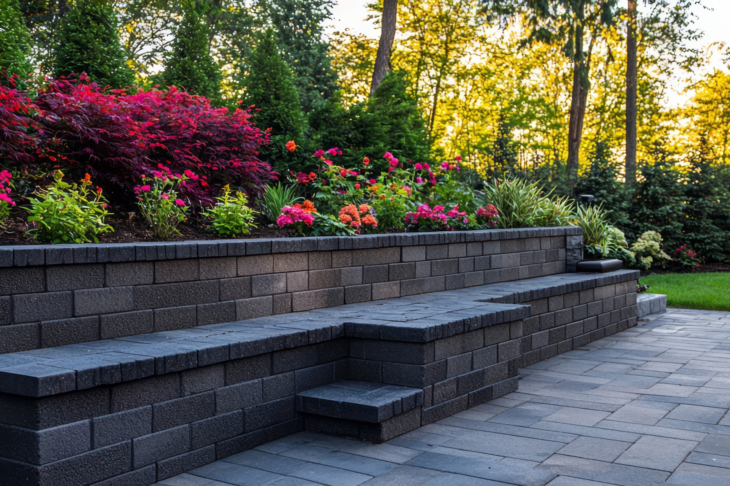 Natural stone retaining wall in landscape Massachusetts