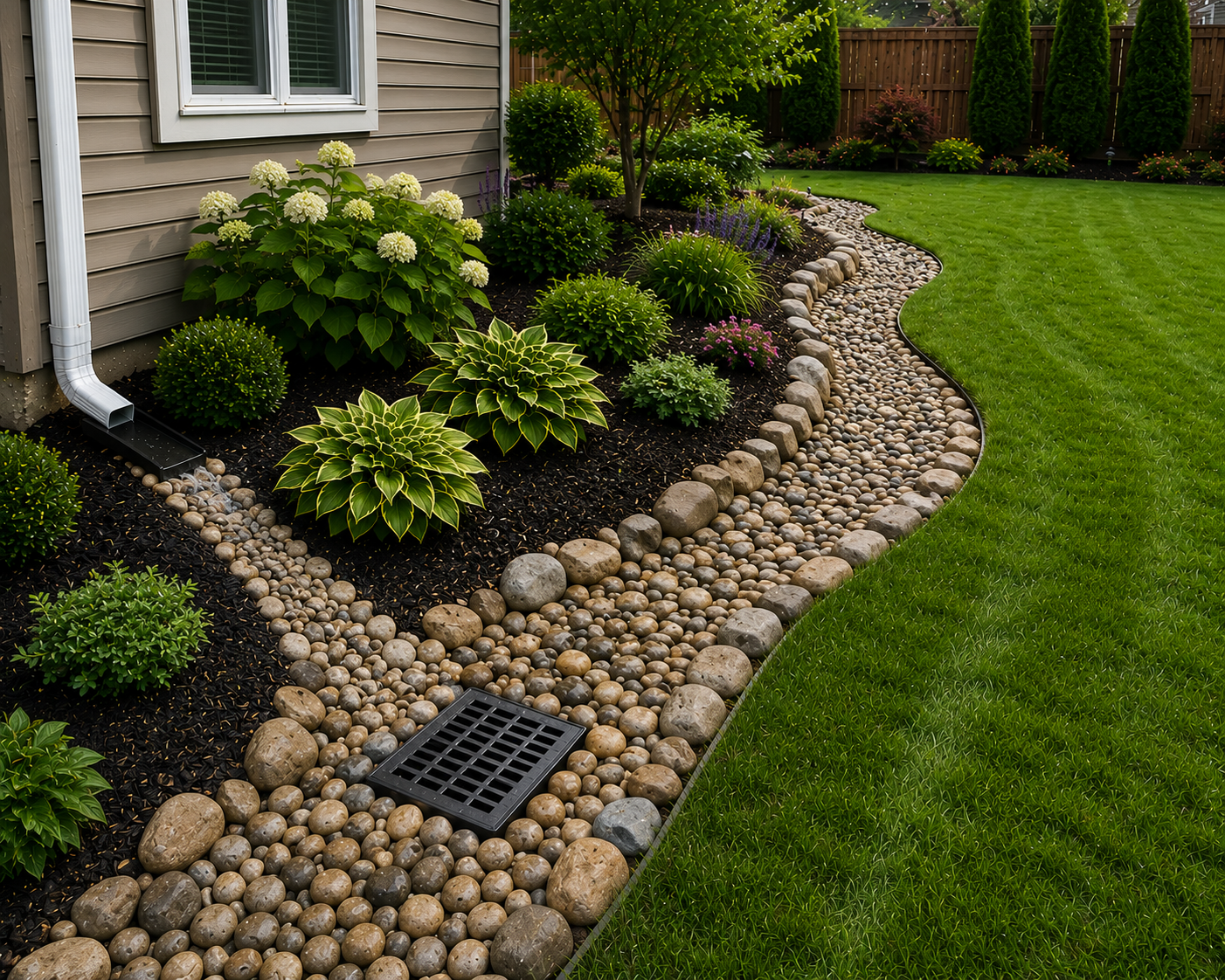 Yard after French drain installed and grass restored