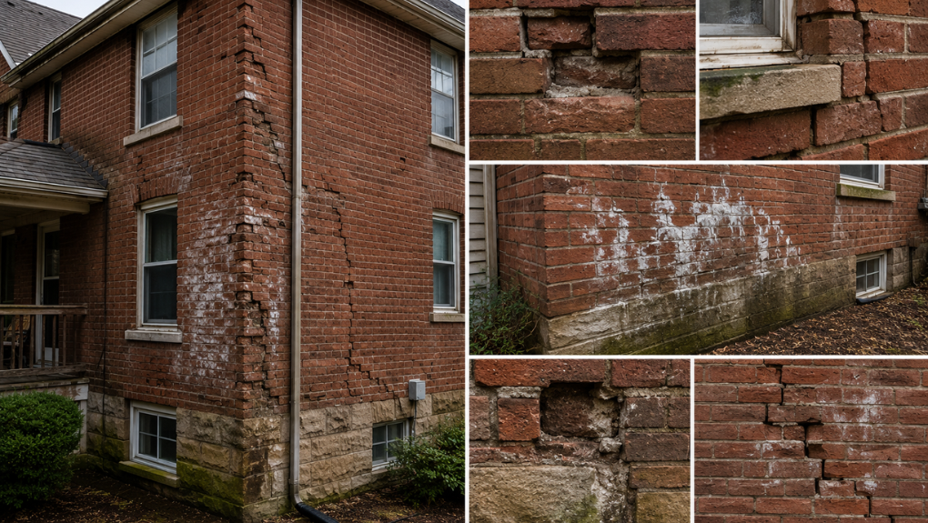Advanced masonry damage: widespread brick crumbling, structural shifting, and mortar failure on a Massachusetts building
