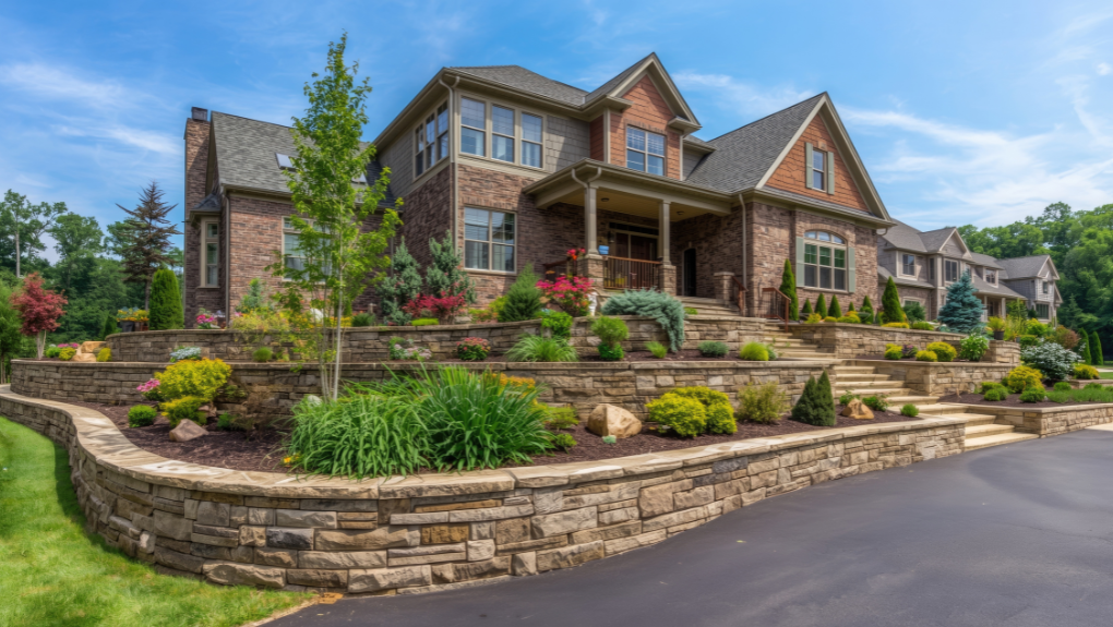 Completed tiered retaining wall project with integrated drainage and professional landscaping on a Massachusetts property