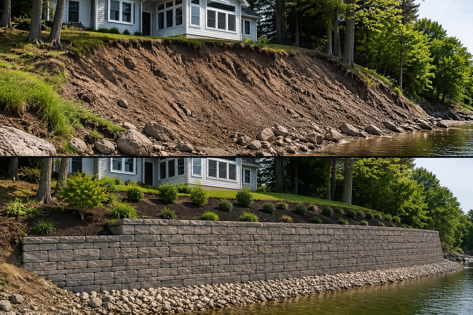 Before and after: severe slope erosion resolved with a professionally engineered segmental block retaining wall in Massachusetts