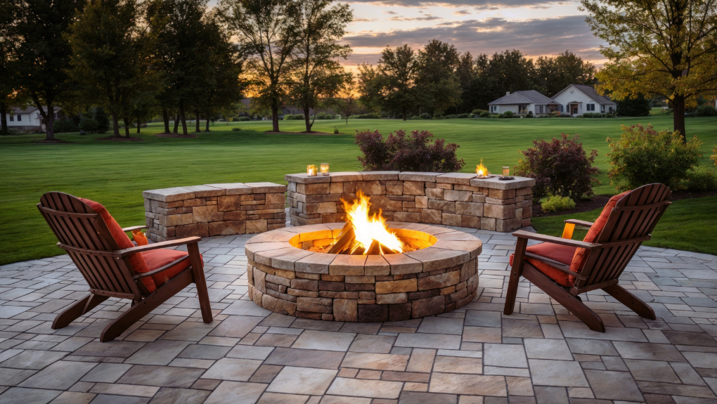 Custom fire pit with built-in seating area on a Massachusetts property
