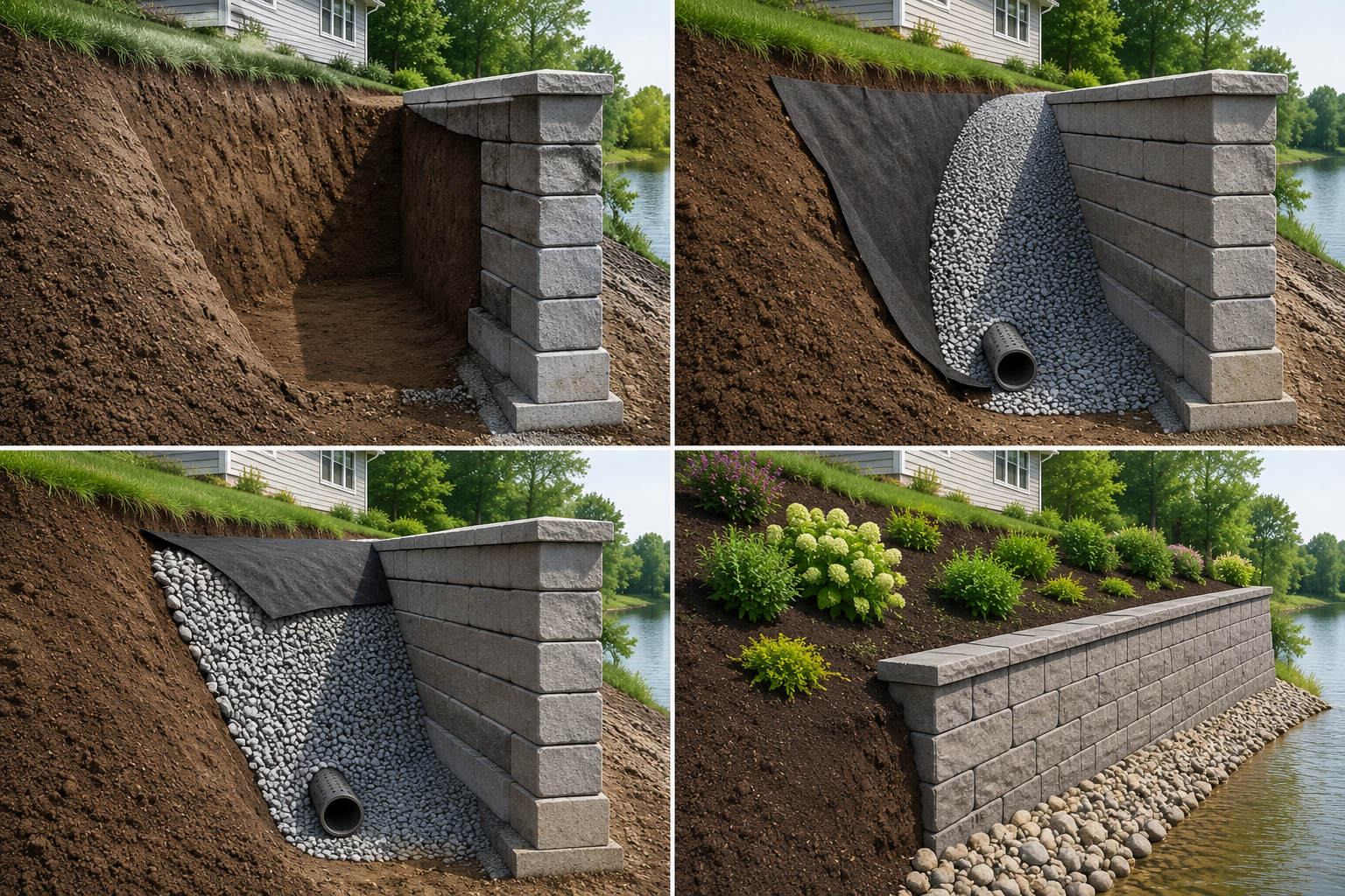 Cross-section showing French drain installation behind a retaining wall: geotextile fabric, crushed stone backfill, perforated drain pipe, and completed wall
