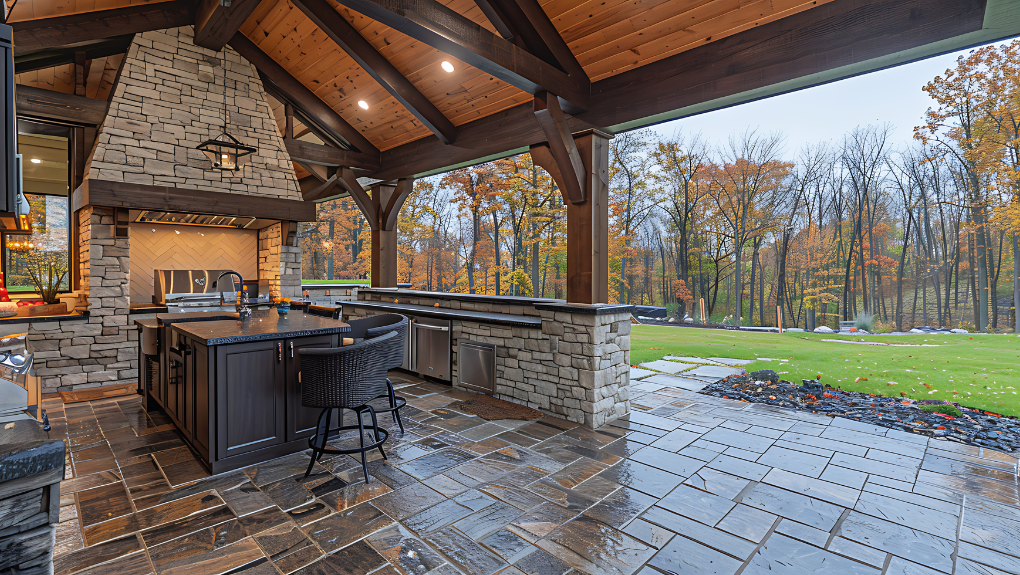Integrated outdoor living space with kitchen, fire pit, and paver patio in Massachusetts
