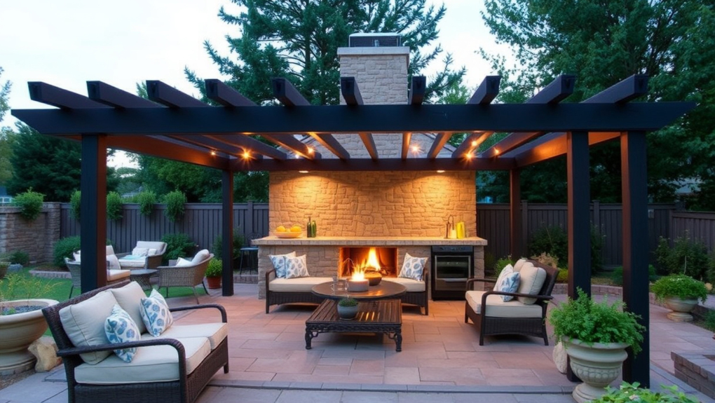 Pergola with seating walls and planting beds framing the hardscape