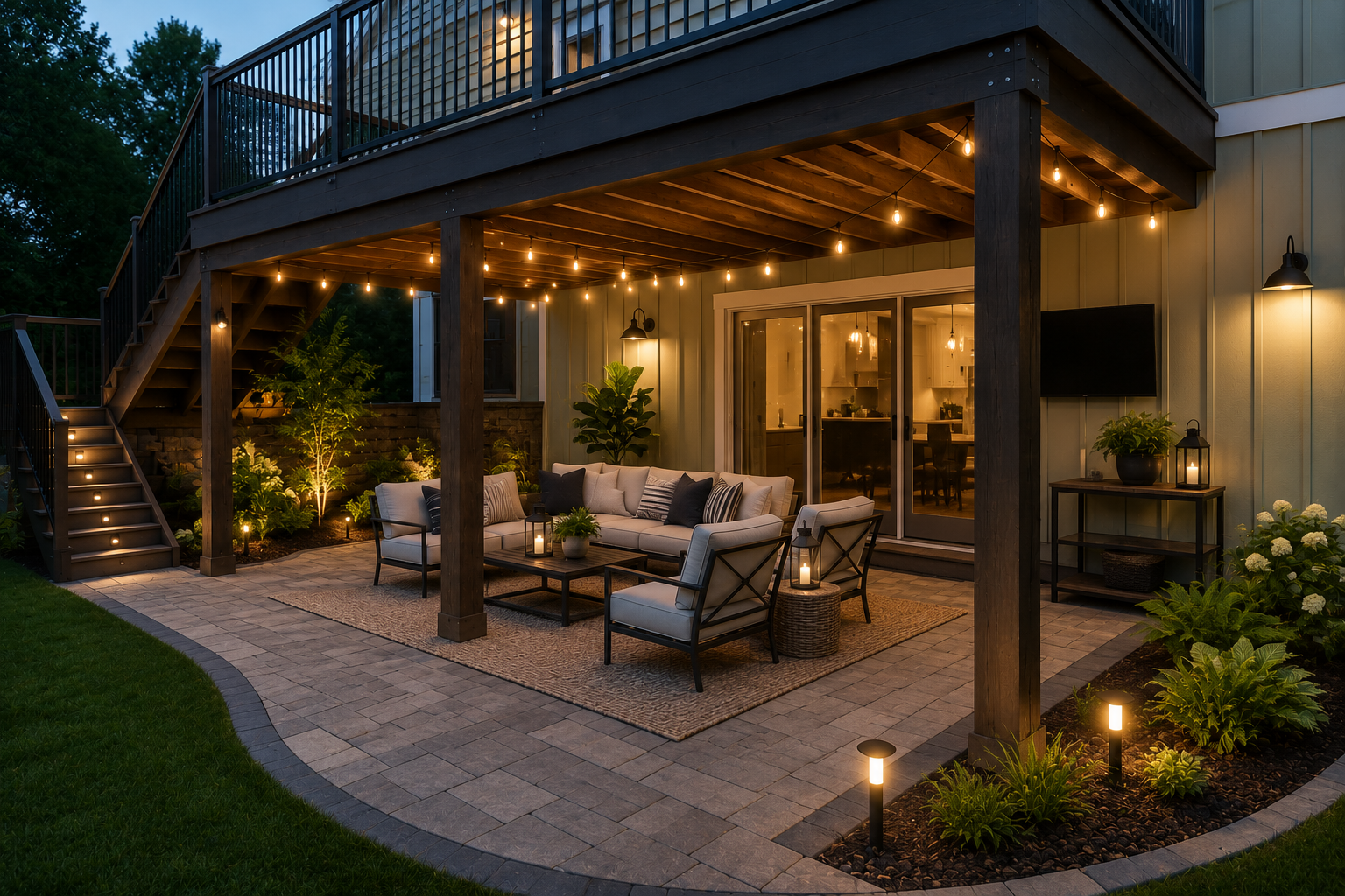 Paver patio installed under an elevated deck creating a second outdoor living area