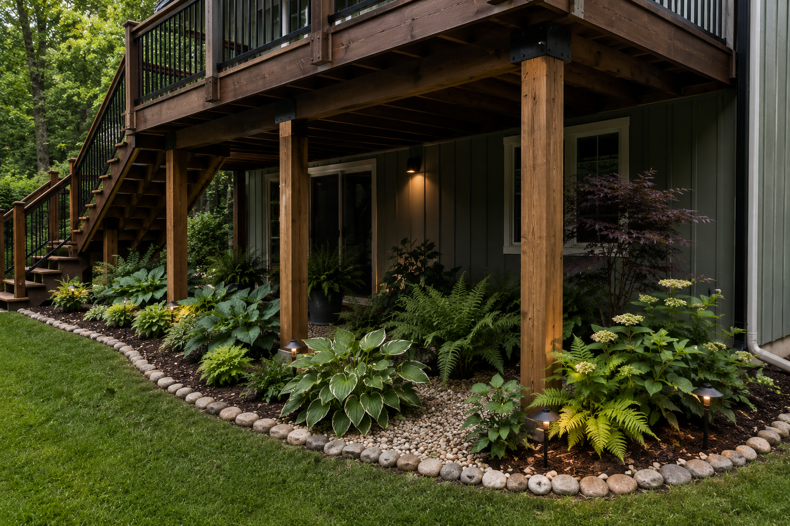 Shade-loving plantings around a deck base in Massachusetts