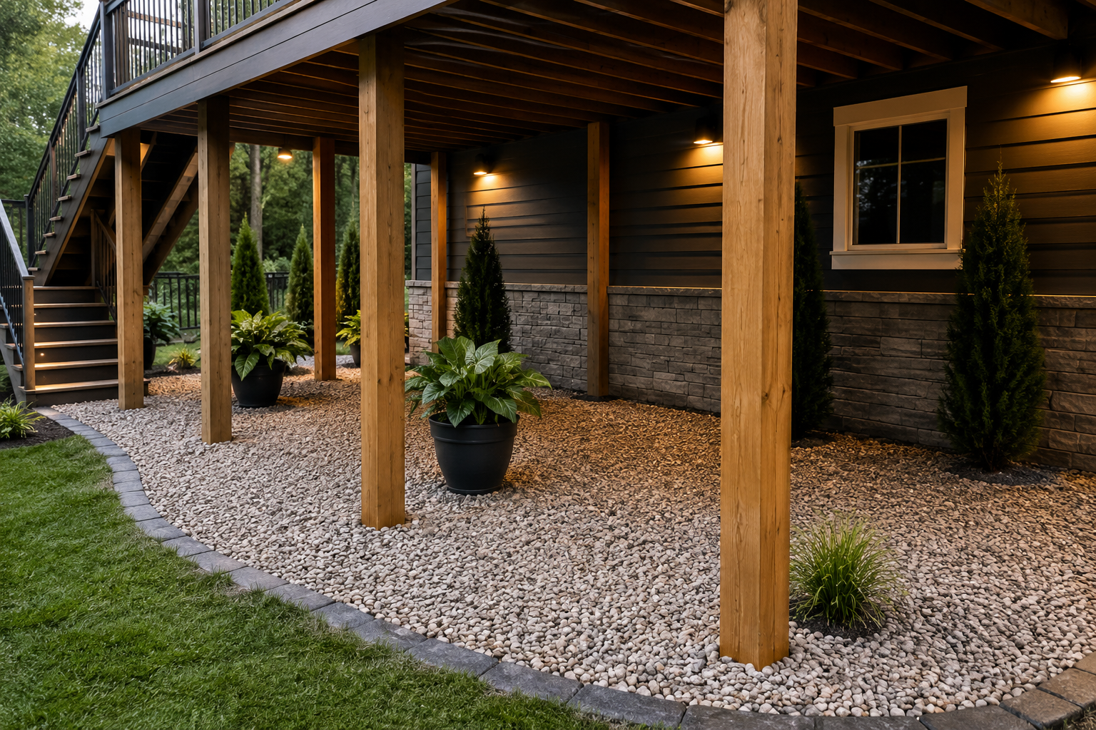Finished gravel landscaping under a deck with decorative stone and plantings