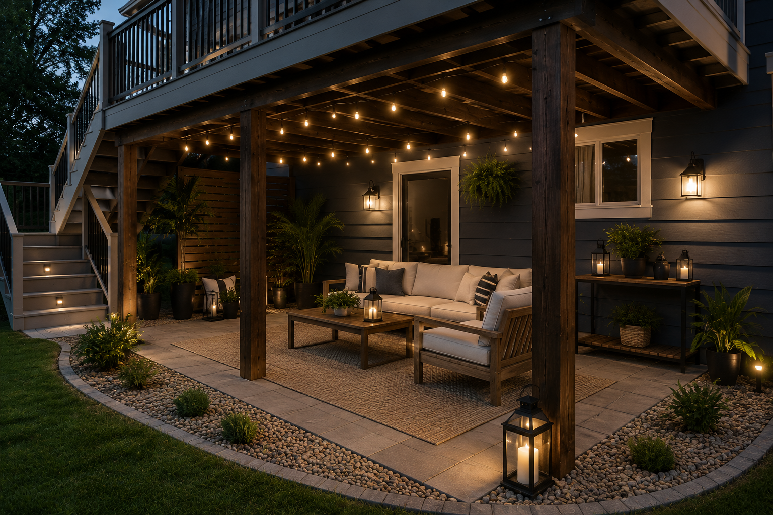 Under deck outdoor living space with string lights and landscape lighting in Massachusetts