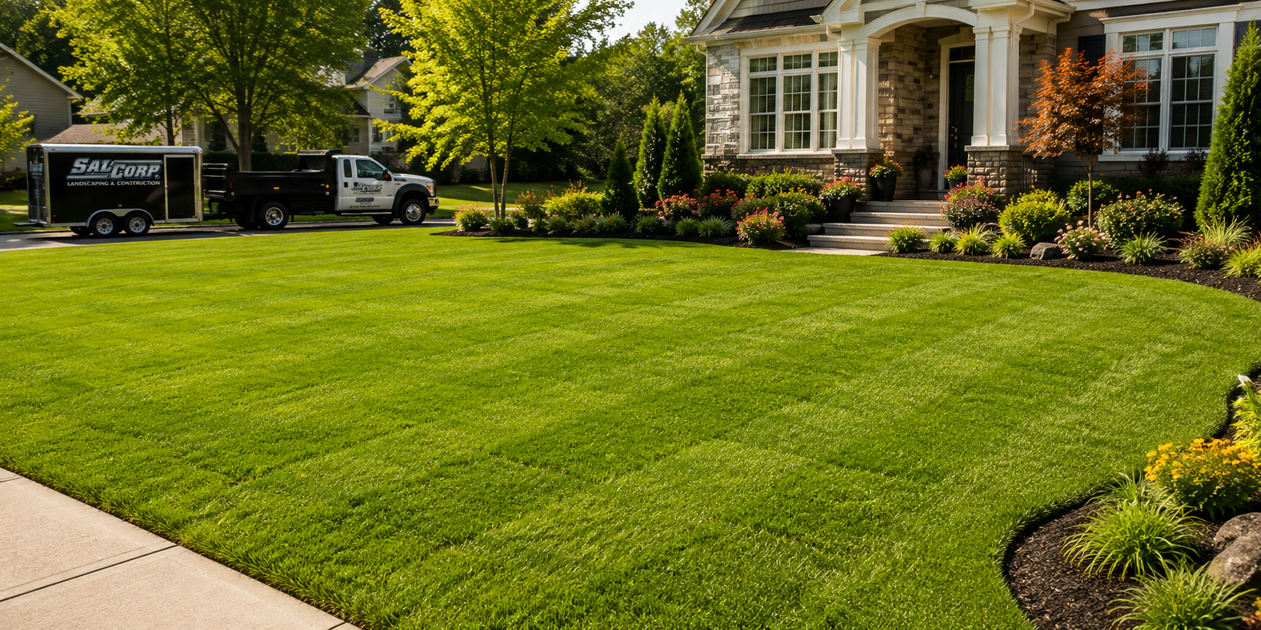 Completed fresh sodded lawn bright green Massachusetts