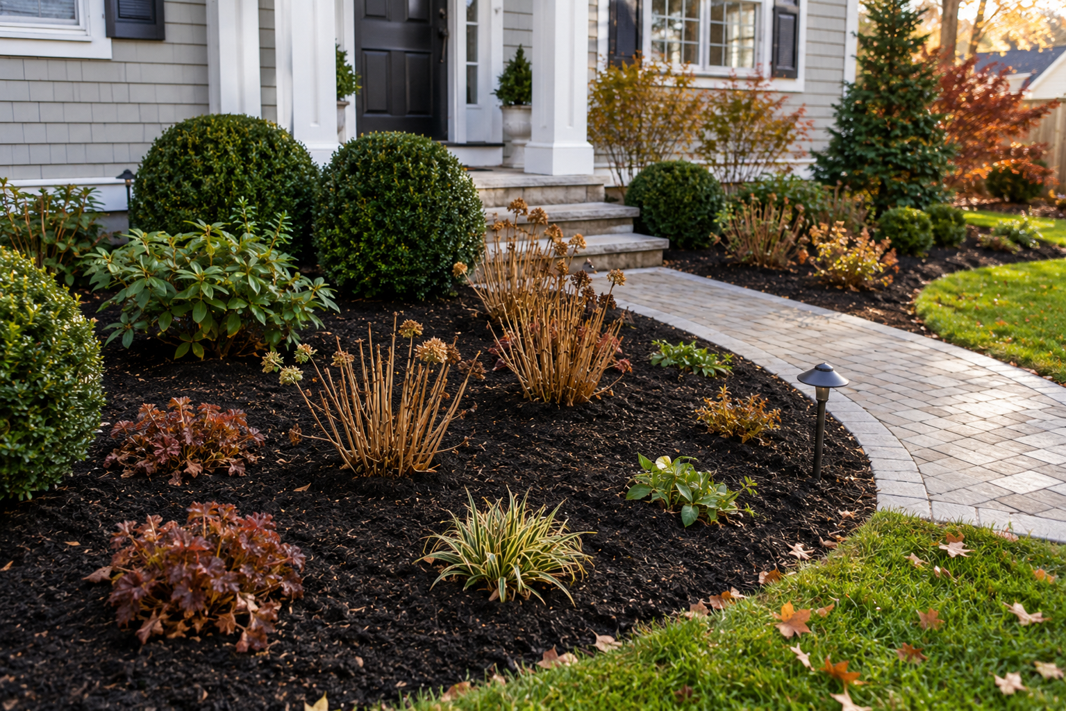 Fresh mulch applied to garden beds after fall cutback in Massachusetts