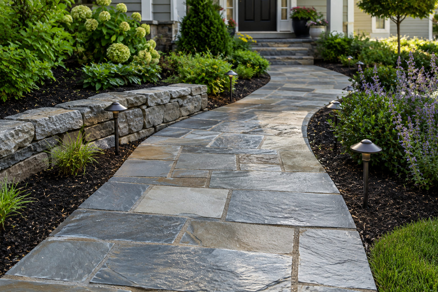 Natural bluestone walkway installed by SalCorp on a Massachusetts property