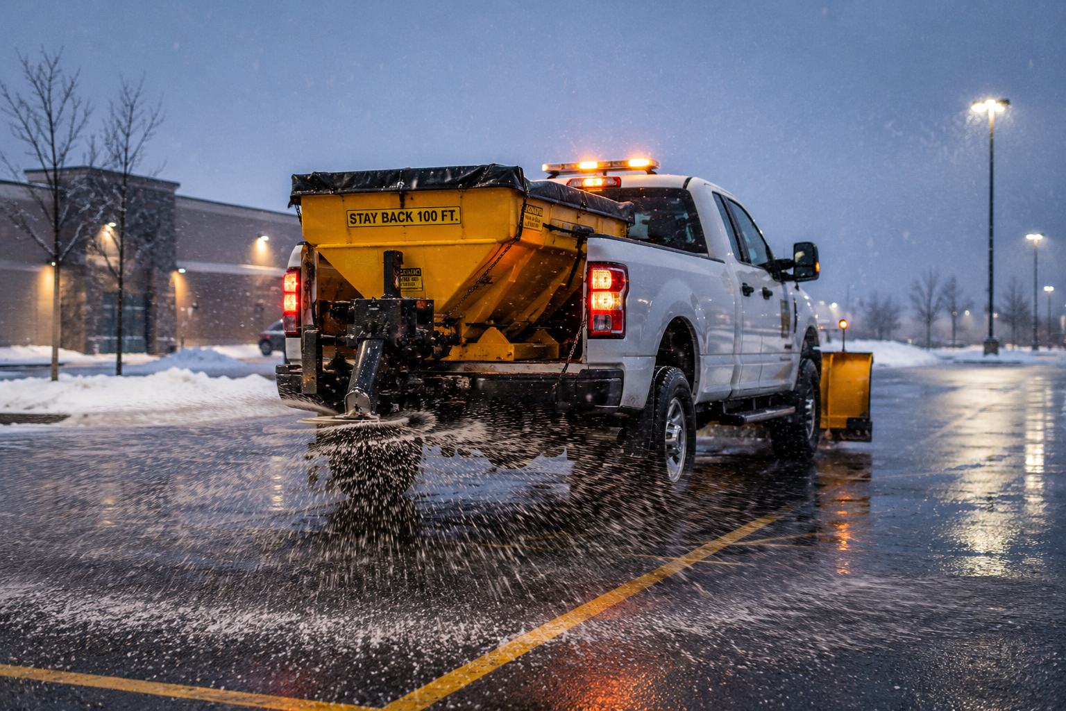 Salt spreader deicing a commercial parking lot in Massachusetts