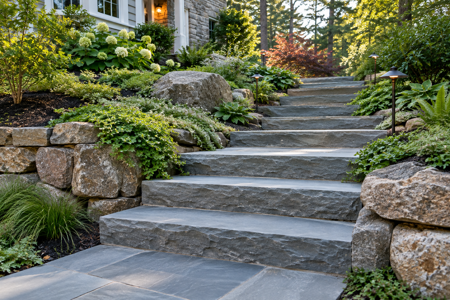 Natural stone steps built into a Massachusetts residential landscape
