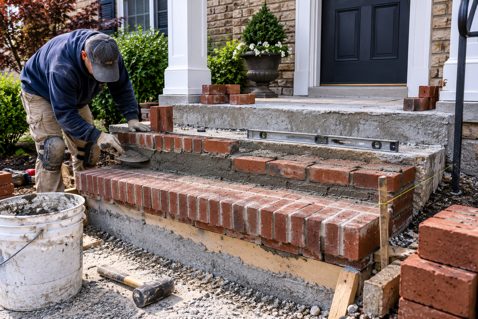 Brick steps under construction showing footing and base preparation in Massachusetts