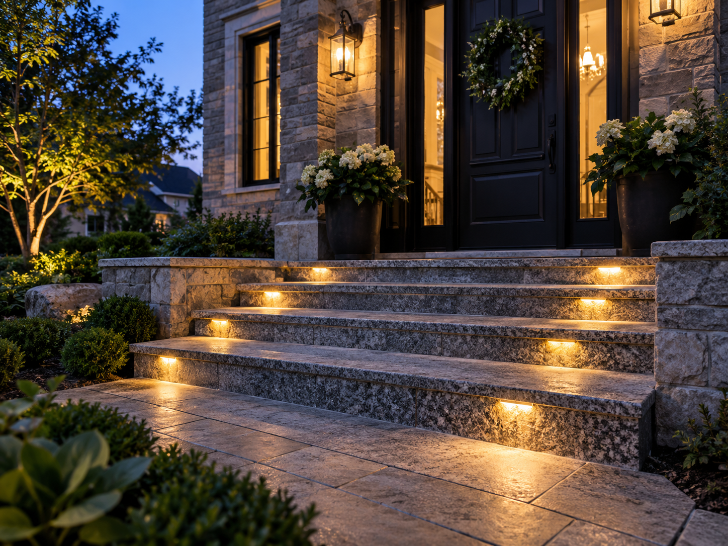 Completed premium stone entry steps with landscape lighting Massachusetts
