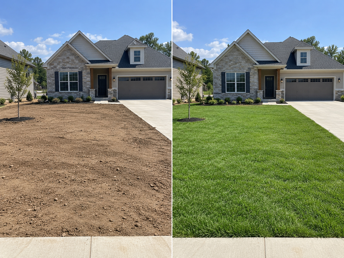 Before and after hydroseeding showing bare dirt transformed to green lawn