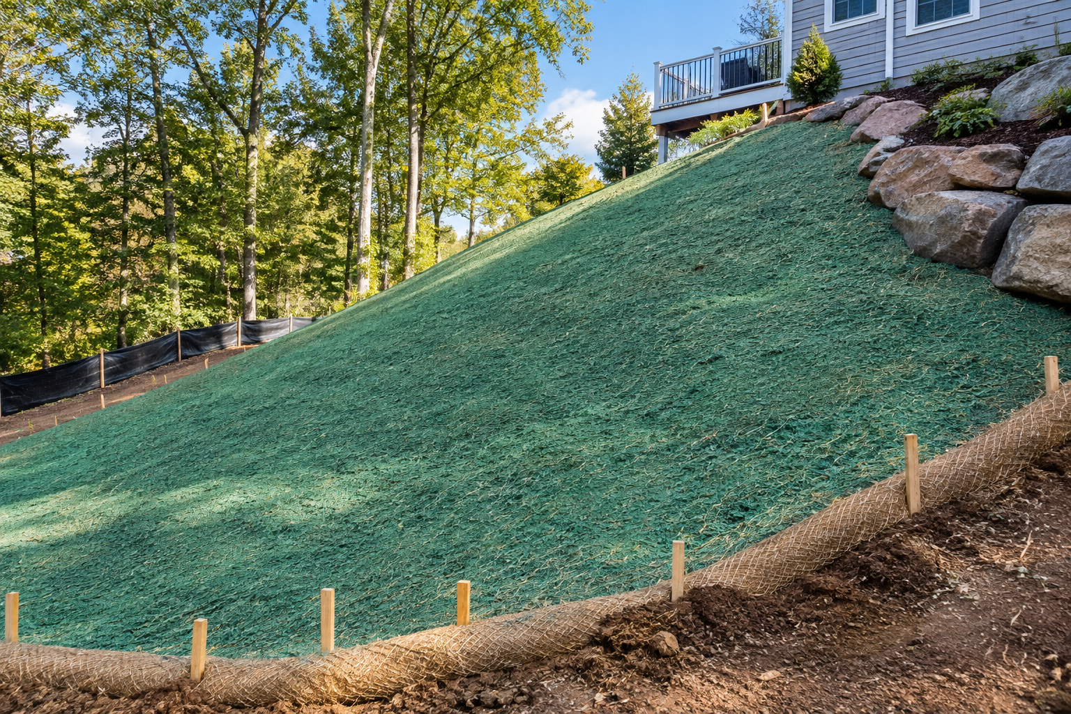 Freshly hydroseeded slope with erosion control in Massachusetts