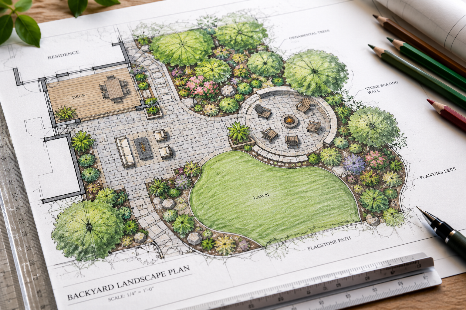 Landscape design blueprint and plan drawing for Massachusetts residential property