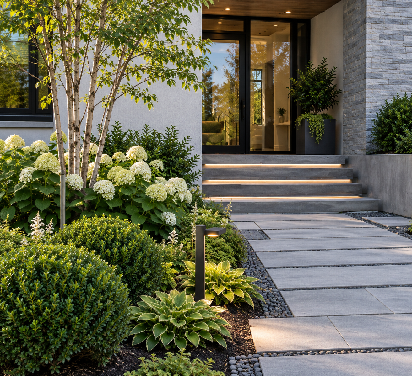 Modern residential landscape design with clean lines and ornamental grasses Massachusetts
