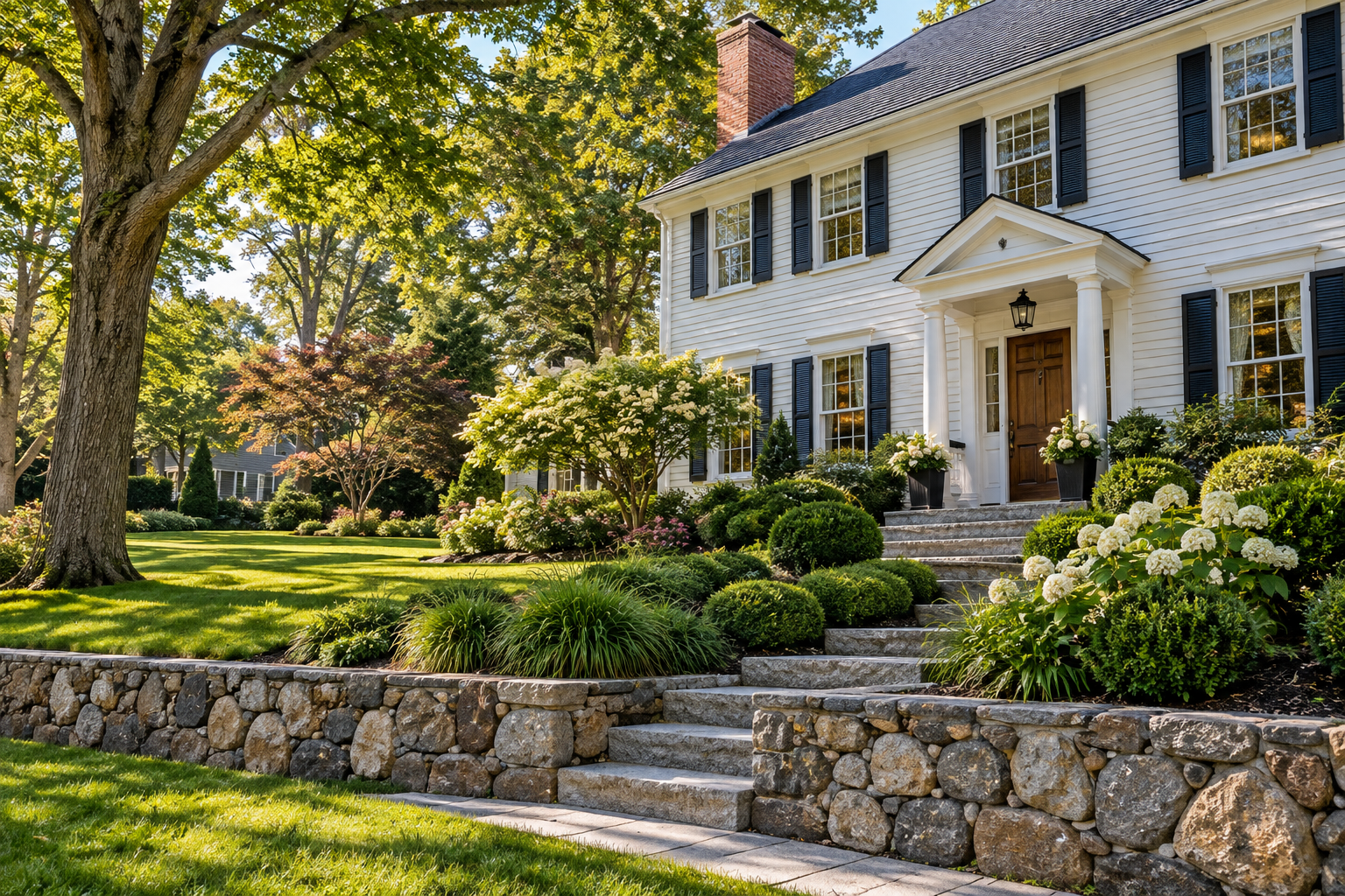 Traditional New England landscape design with layered plantings and stone wall