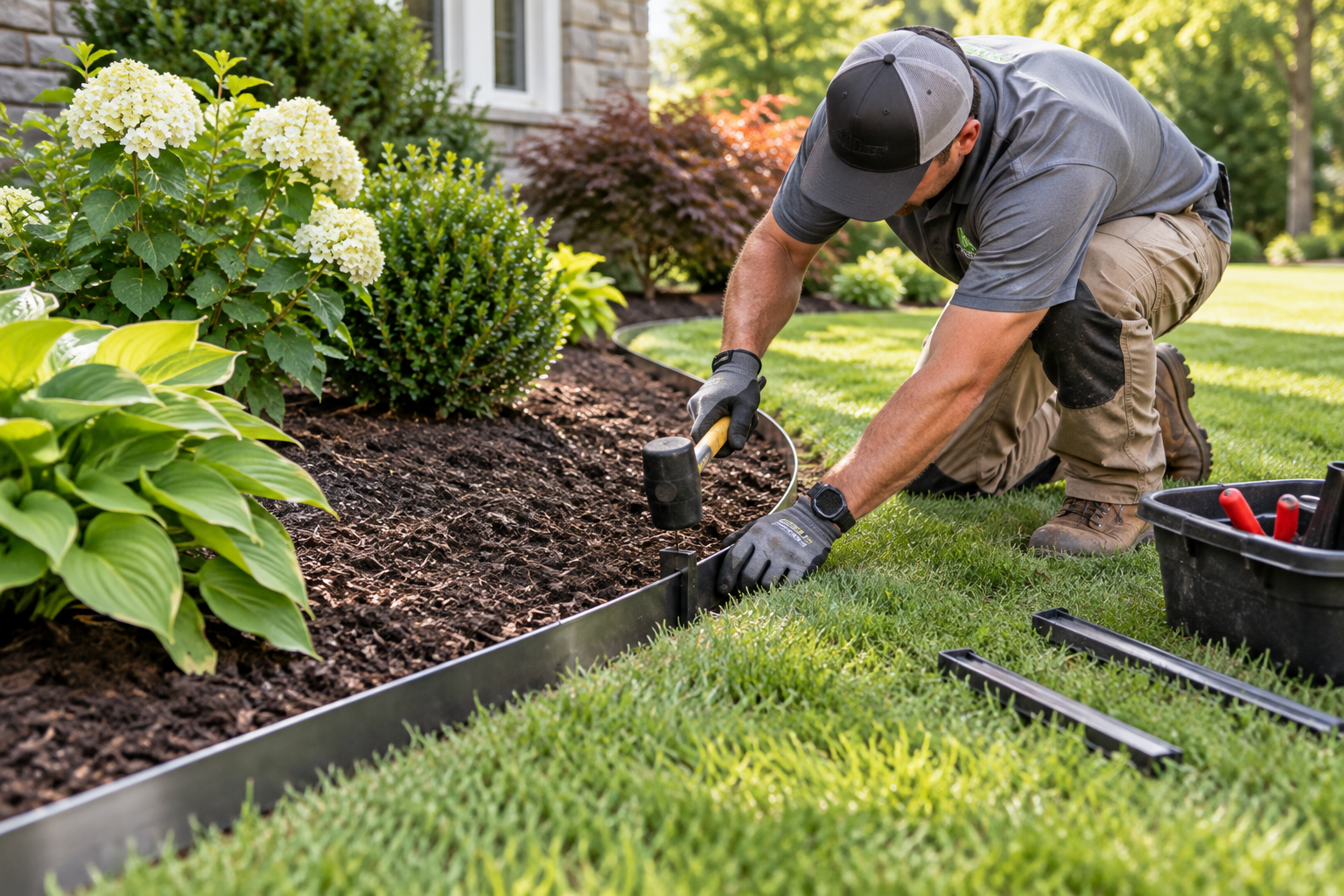 Professional landscape edging installation between lawn and mulch bed Massachusetts