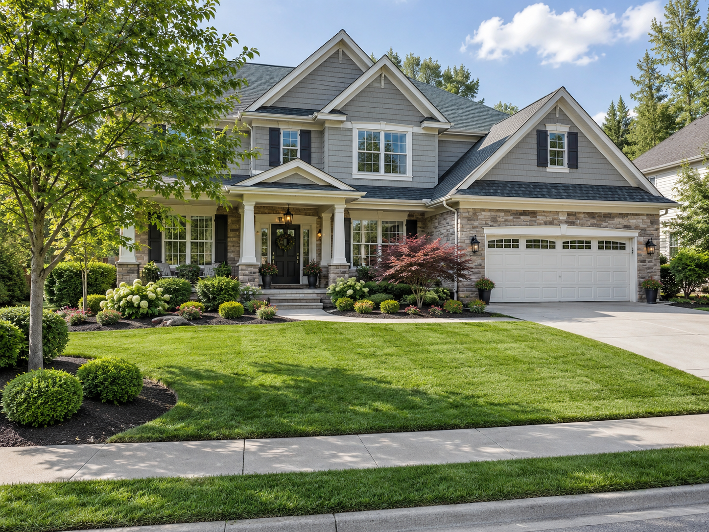Freshly mulched residential property with clean bed edges and trimmed shrubs Massachusetts